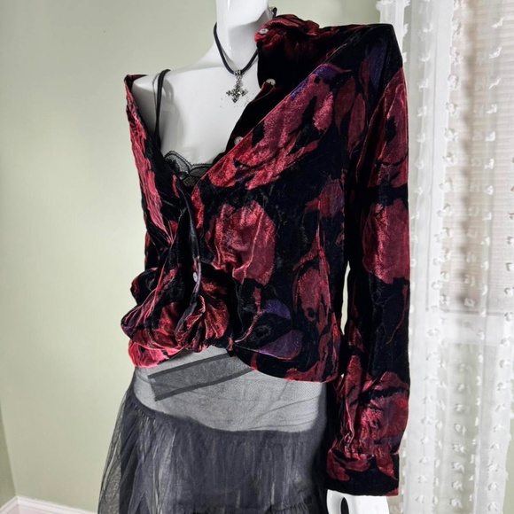 Vintage Velvet Burnout Floral Button-Down – Burgundy/Black – Size M - Picture 2 of 7